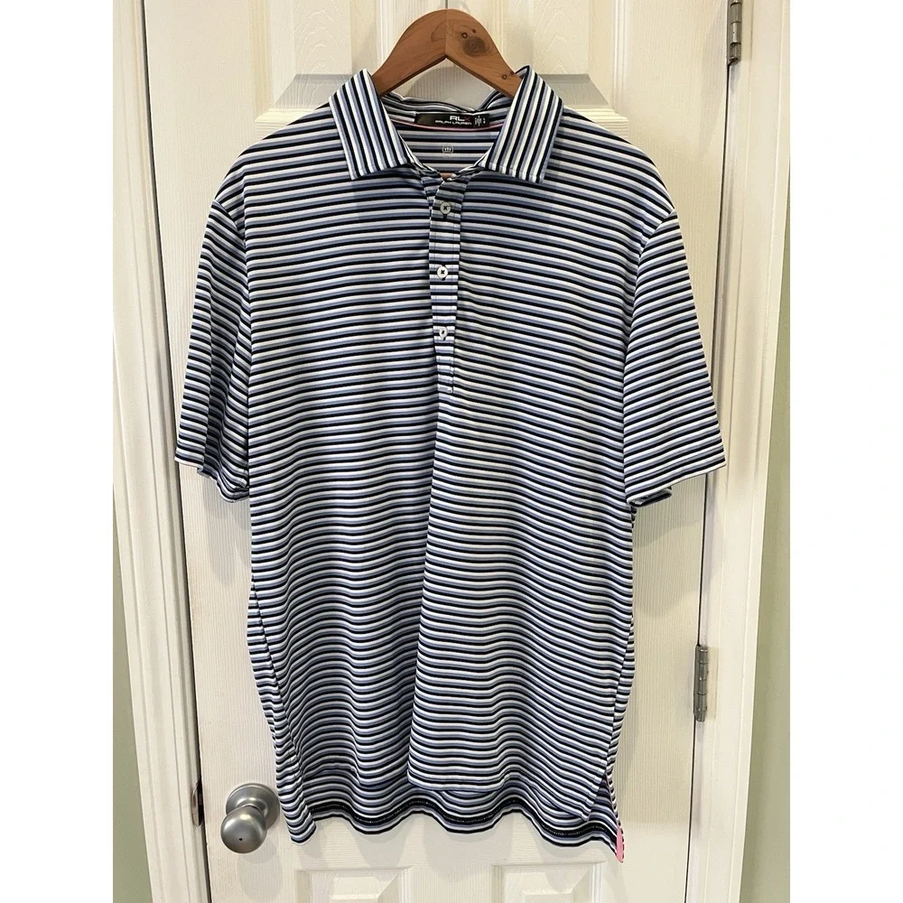 RLX Ralph Lauren Golf Polo Men's Large Performance Wicking Blue‎ Black Striped